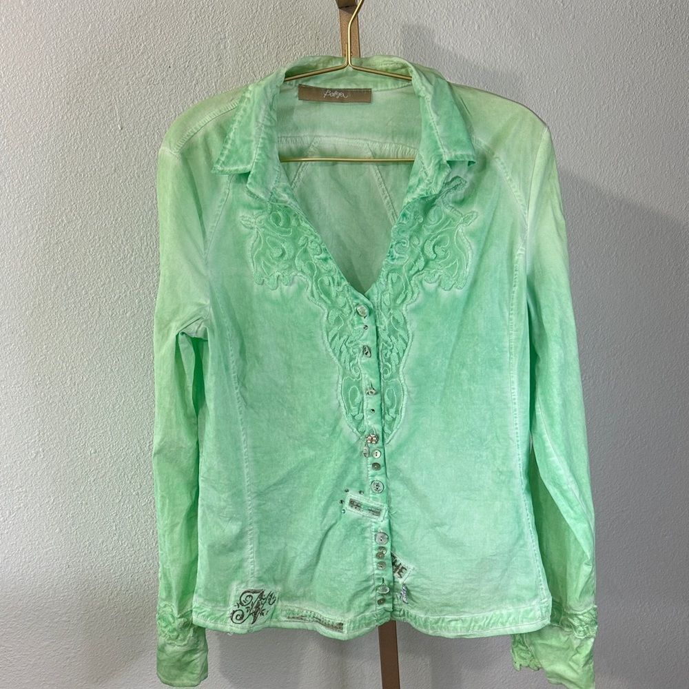 Bottega Mint Green Embroidered Button Front Blouse Boho Cottagecore Size L